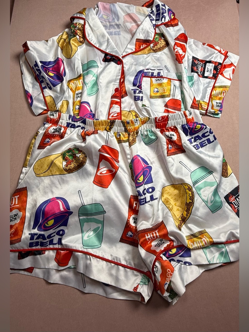 Taco Bell Women's Pajama Set Button Up Faux Satin Short Sleeve Top Shorts Size M